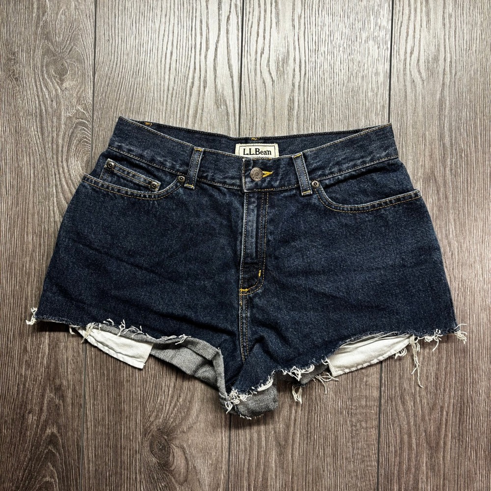 LL Bean Vintage Curvy Fit Denim Shorts 28 Dark Wash Frayed Hem 6 PET